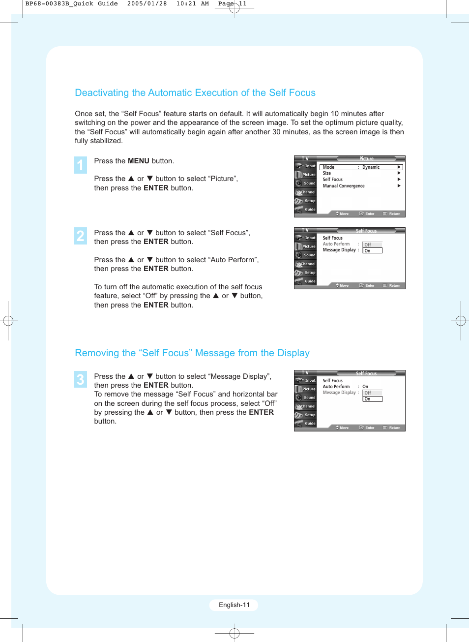 Removing the “self focus” message from the display | Samsung HCR4245WX-XAA User Manual | Page 11 / 20