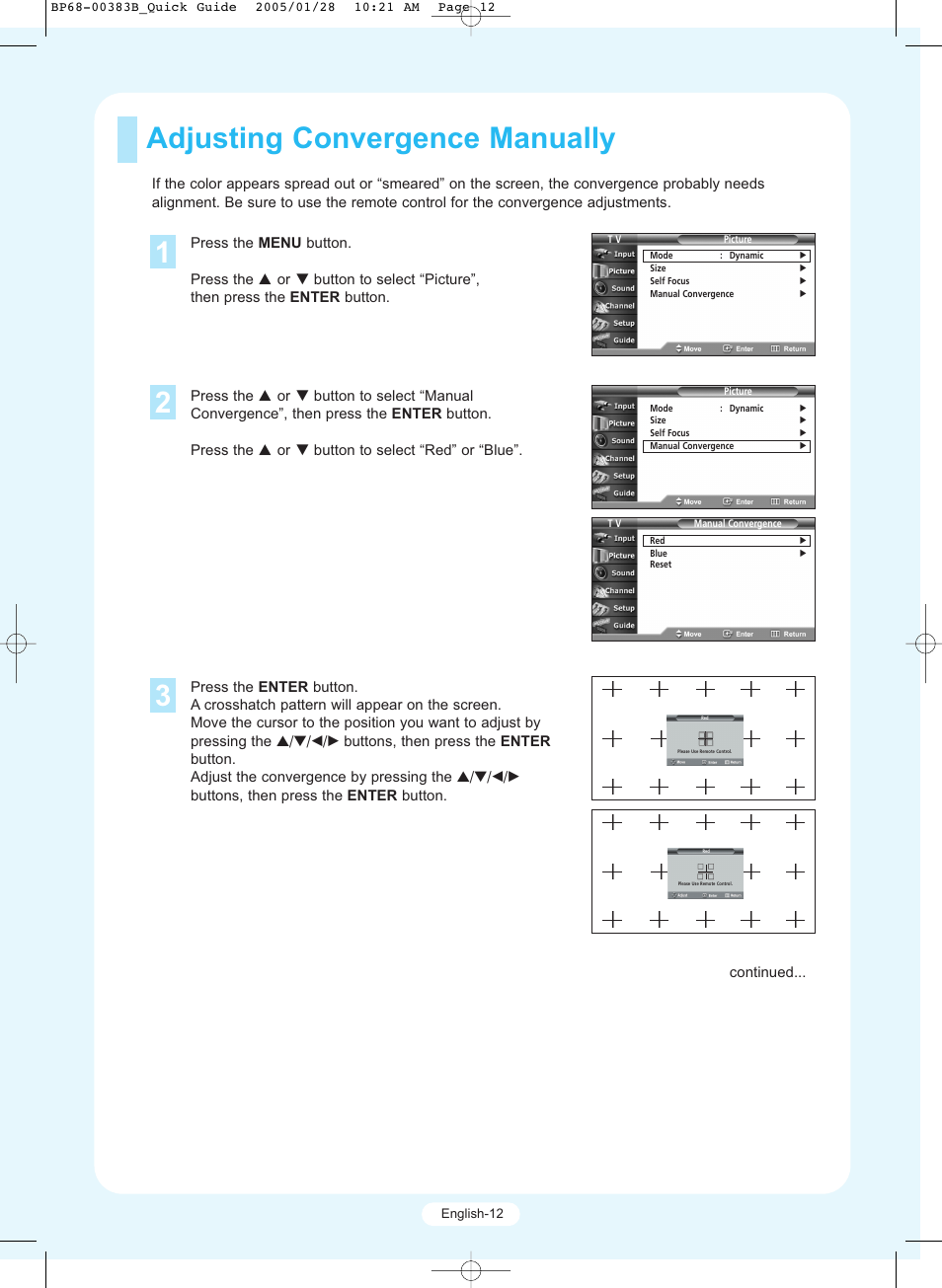 Adjusting convergence manually | Samsung HCR4245WX-XAA User Manual | Page 12 / 20