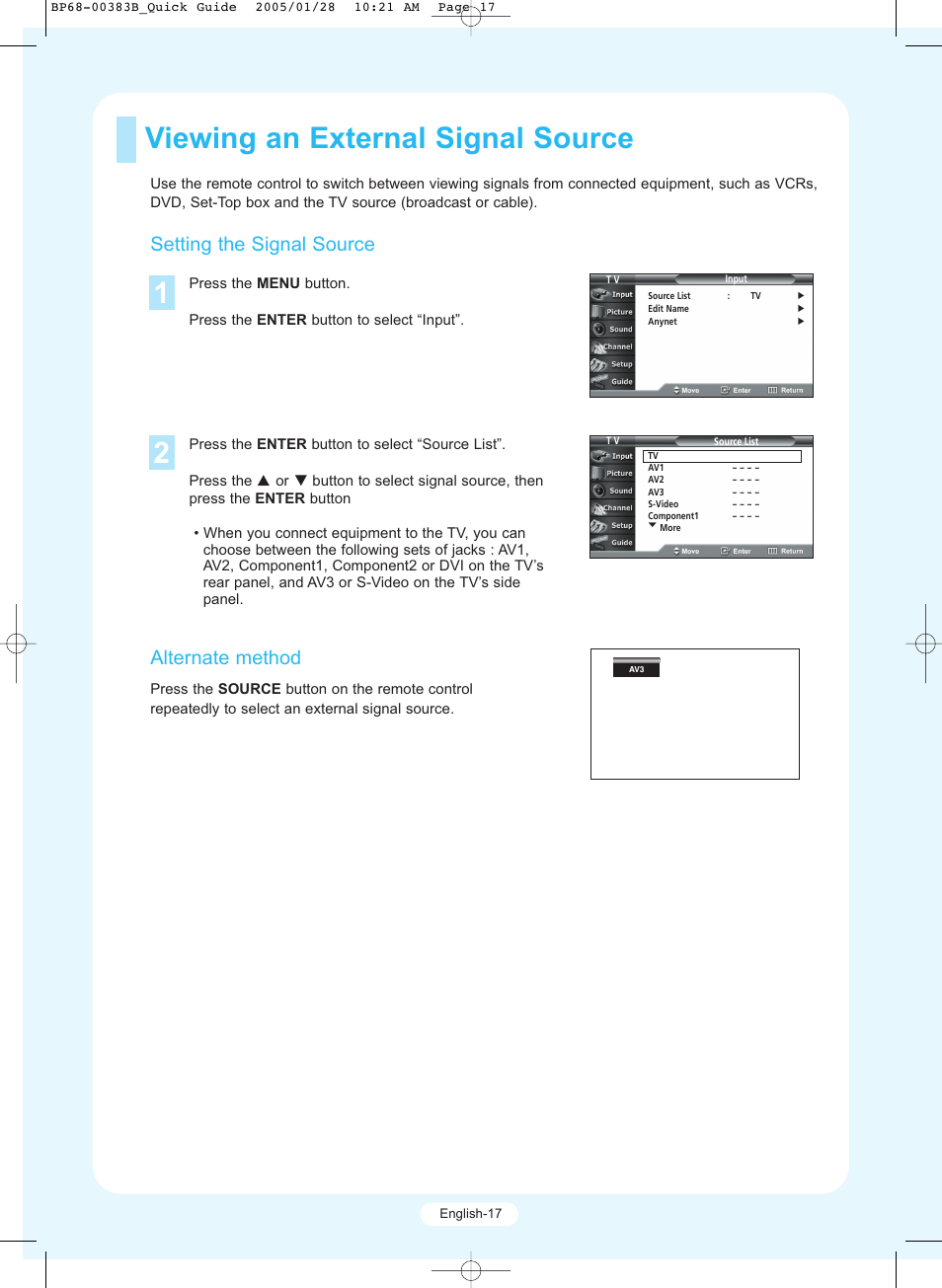 Viewing an external signal source, Setting the signal source, Alternate method | Samsung HCR4245WX-XAA User Manual | Page 17 / 20