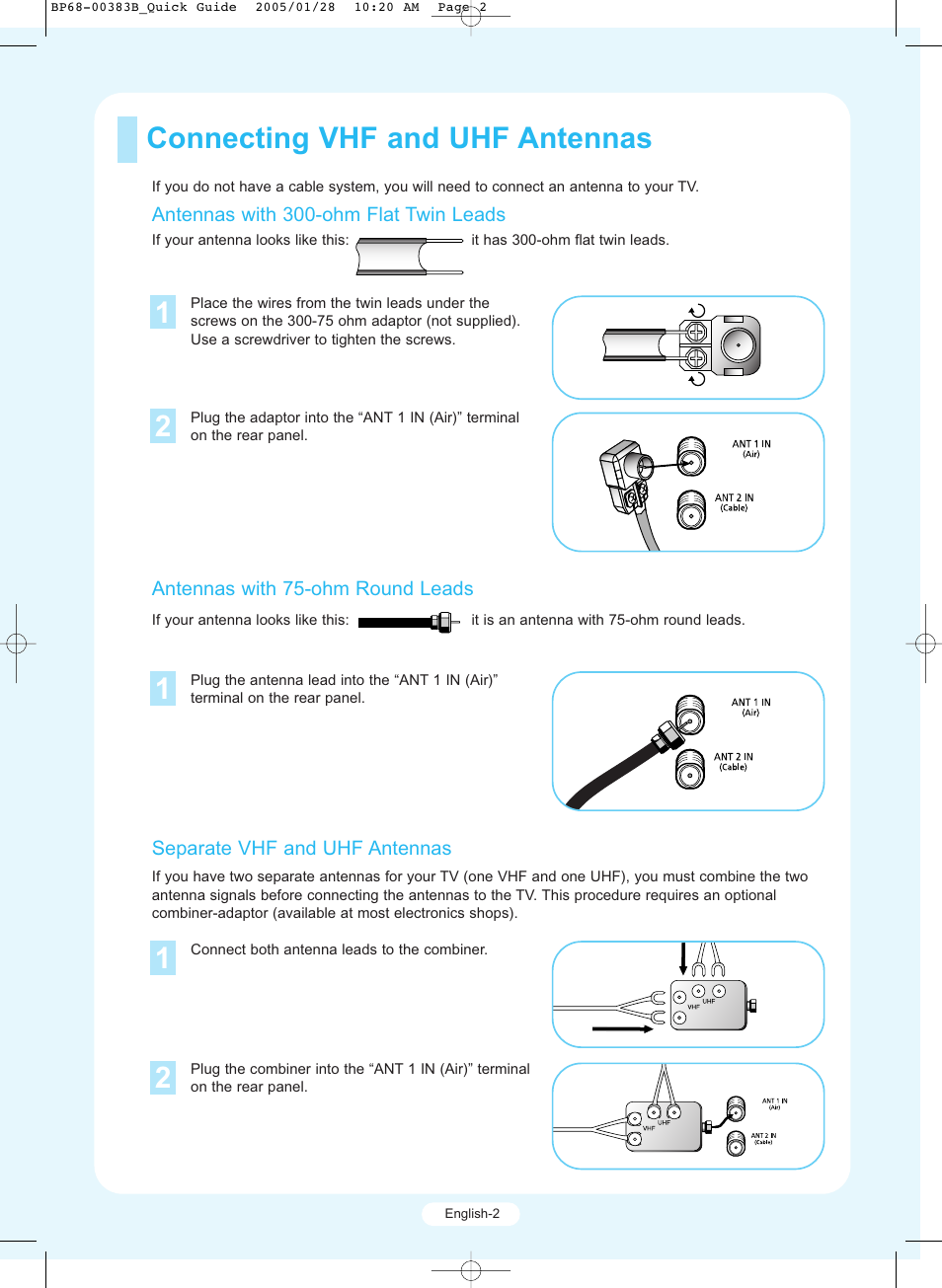 Connecting vhf and uhf antennas 1 | Samsung HCR4245WX-XAA User Manual | Page 2 / 20