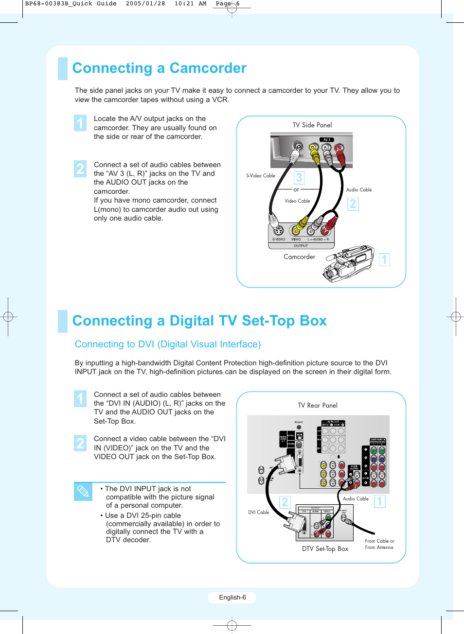 Connecting a camcorder 1, Connecting a digital tv set-top box 1 | Samsung HCR4245WX-XAA User Manual | Page 6 / 20