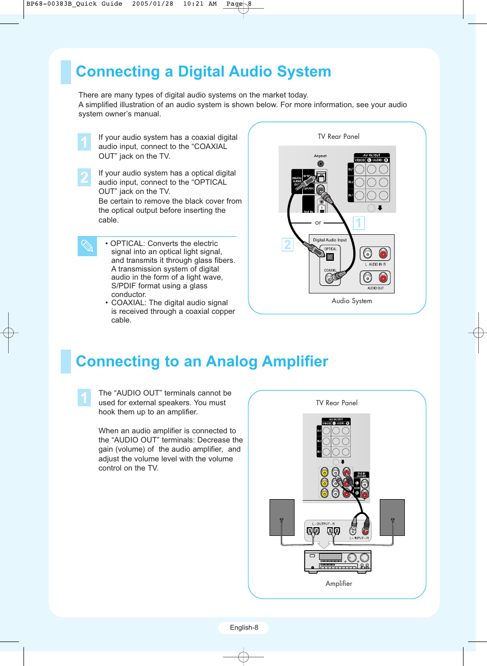 Connecting a digital audio system 1, Connecting to an analog amplifier | Samsung HCR4245WX-XAA User Manual | Page 8 / 20