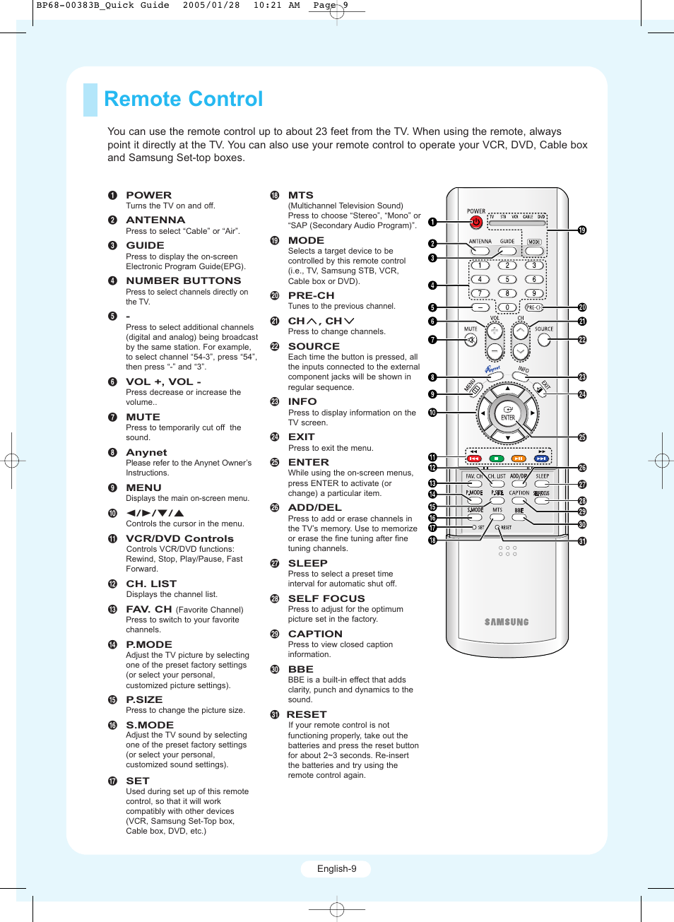 Remote control | Samsung HCR4245WX-XAA User Manual | Page 9 / 20