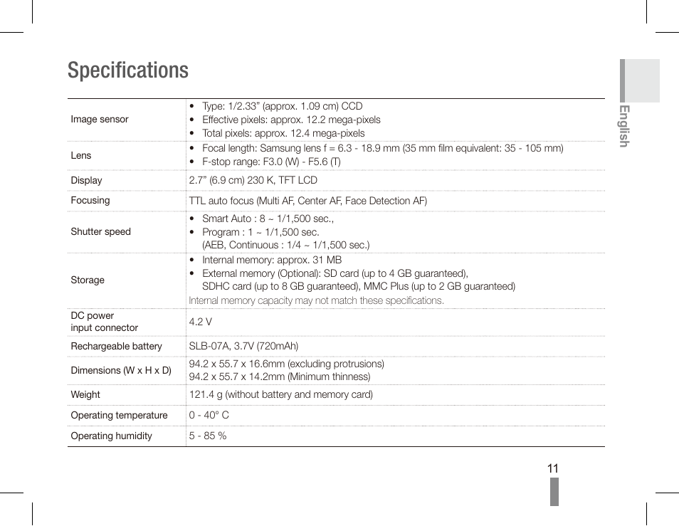 Specifications, English | Samsung EC-TL100RBP-US User Manual | Page 11 / 22