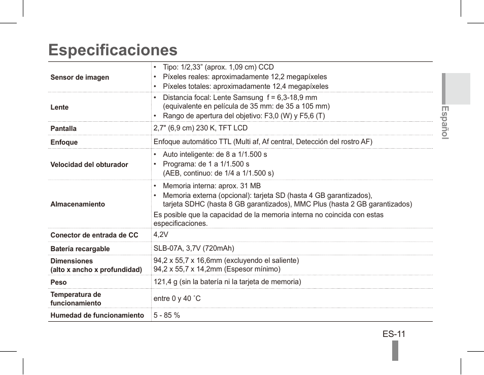 Especificaciones | Samsung EC-TL100RBP-US User Manual | Page 21 / 22