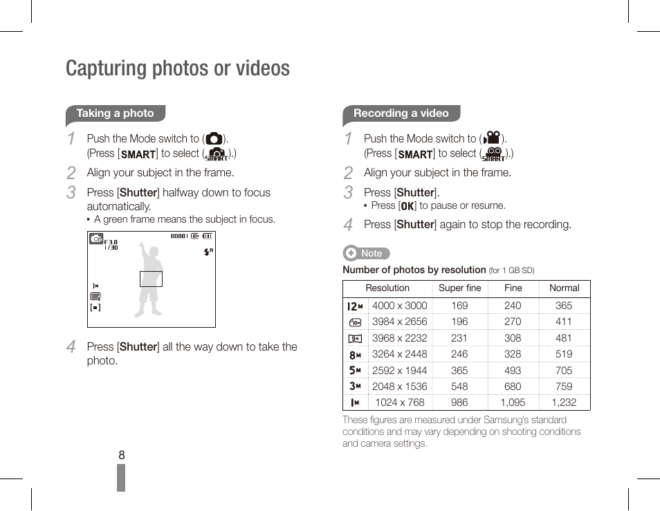 Capturing photos or videos | Samsung EC-TL100RBP-US User Manual | Page 8 / 22