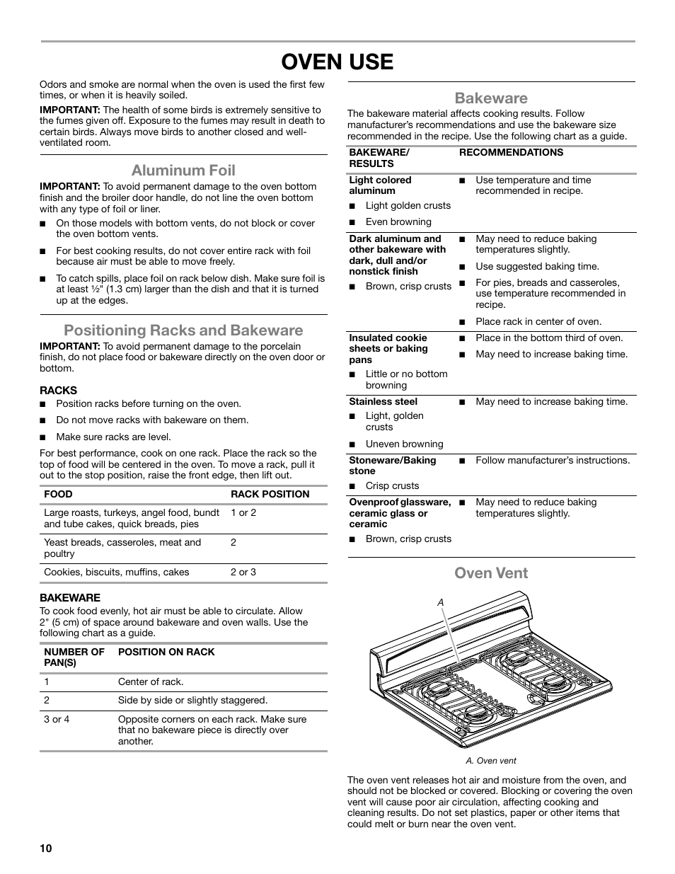 Oven use, Aluminum foil, Positioning racks and bakeware | Bakeware, Oven vent | Amana STANDARD CLEANING GAS RANGE W10533015A User Manual | Page 10 / 16