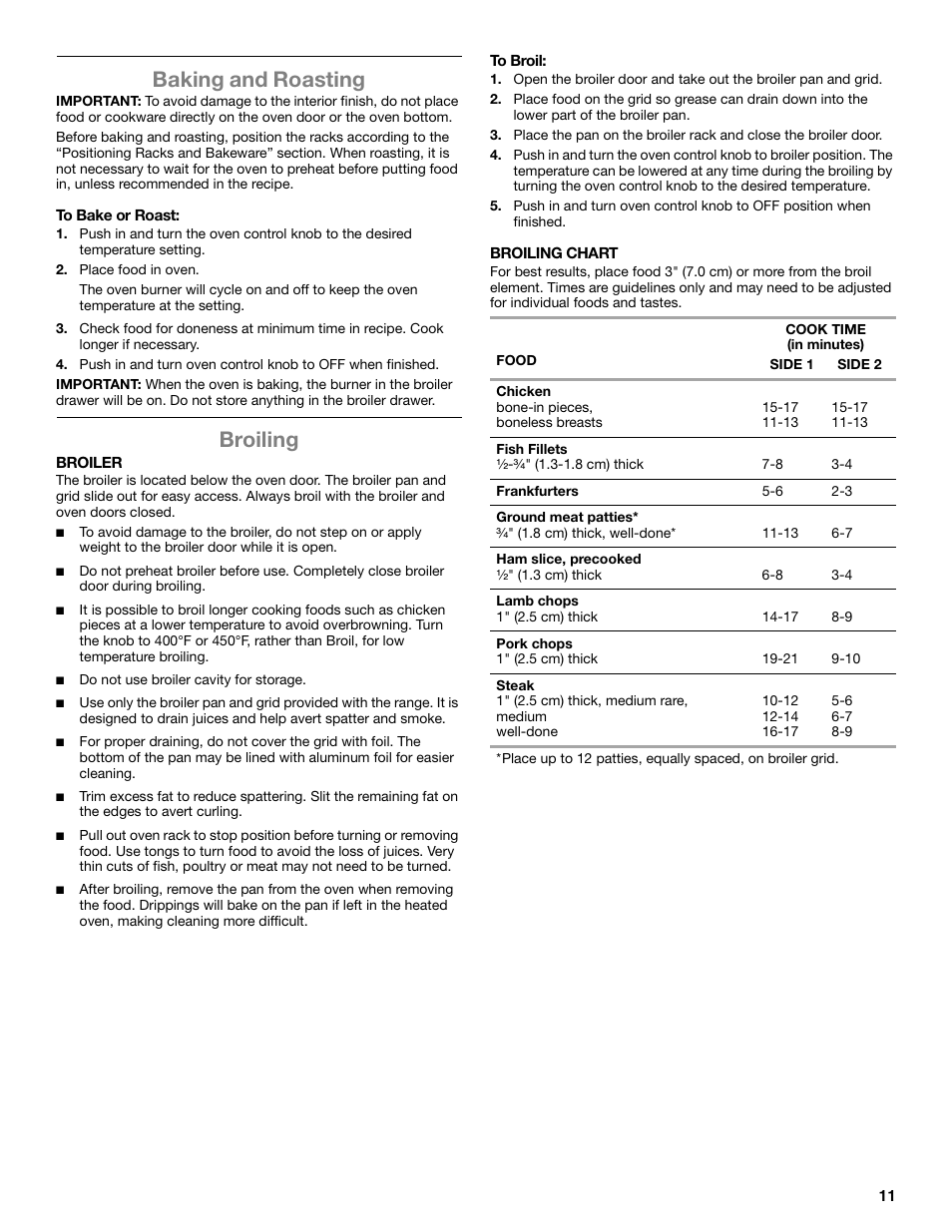 Baking and roasting, Broiling | Amana STANDARD CLEANING GAS RANGE W10533015A User Manual | Page 11 / 16