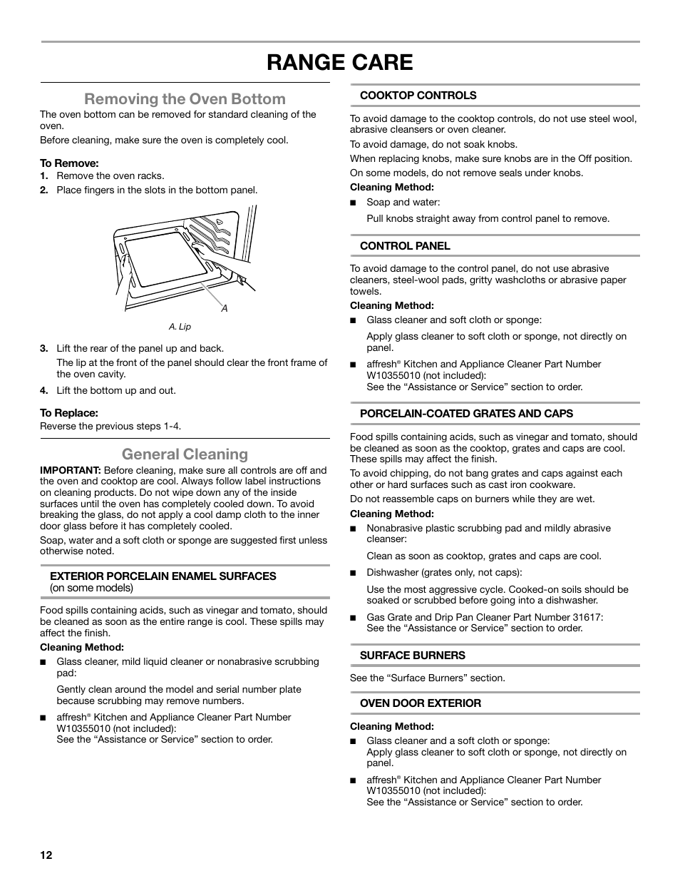 Range care, Removing the oven bottom, General cleaning | Amana STANDARD CLEANING GAS RANGE W10533015A User Manual | Page 12 / 16
