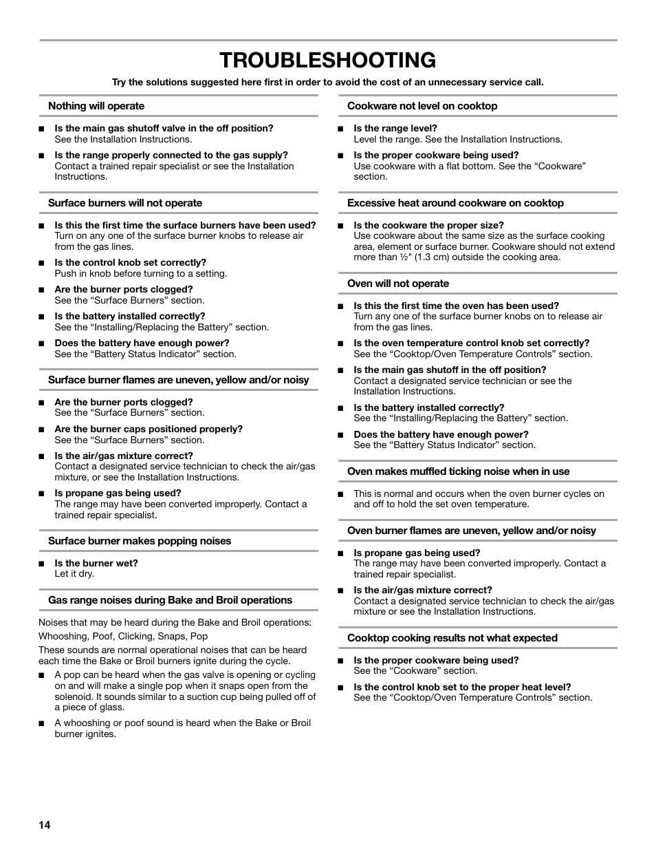 Troubleshooting | Amana STANDARD CLEANING GAS RANGE W10533015A User Manual | Page 14 / 16