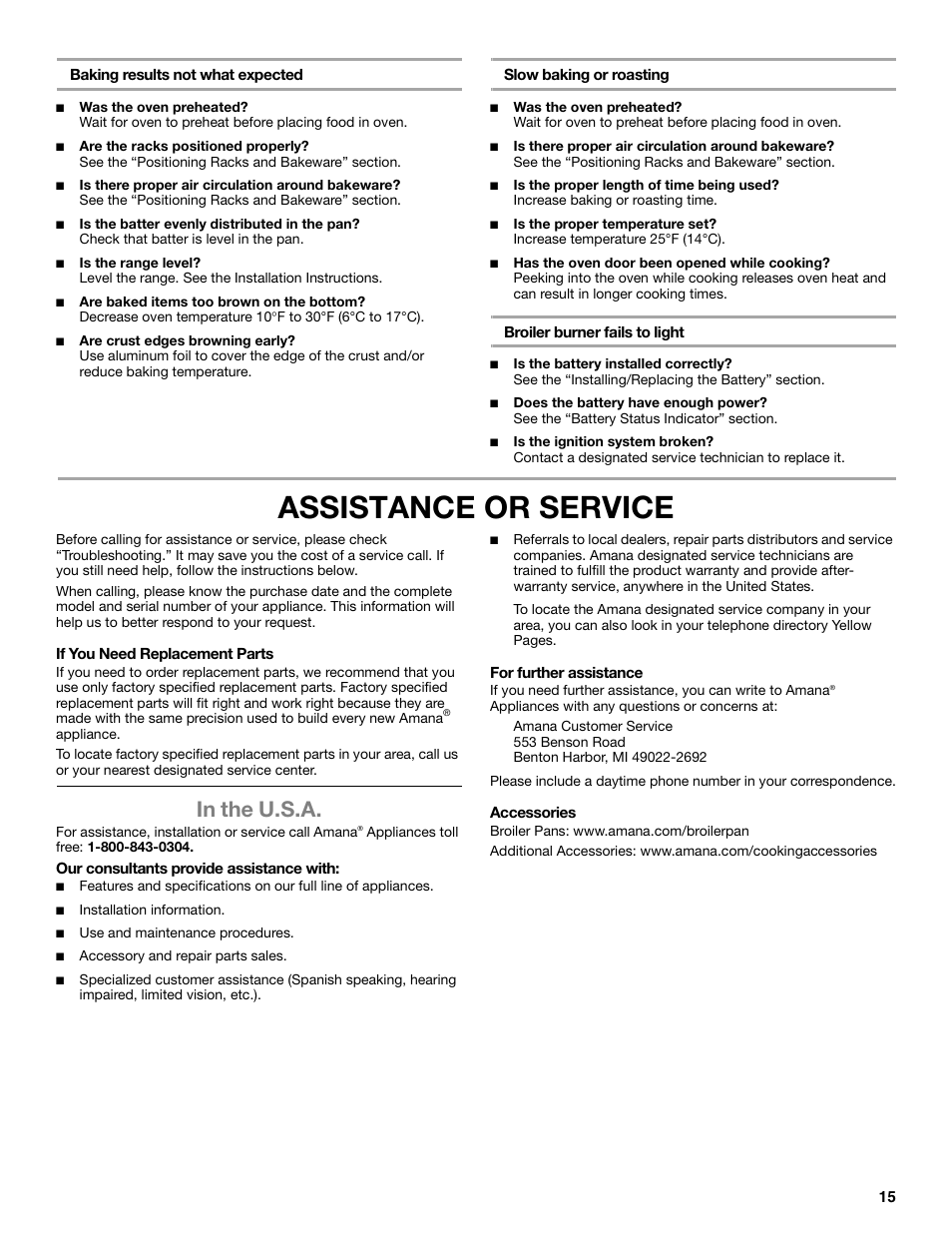 Assistance or service | Amana STANDARD CLEANING GAS RANGE W10533015A User Manual | Page 15 / 16