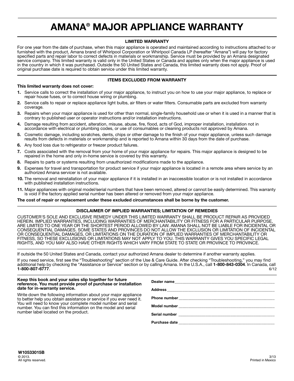 Amana, Major appliance warranty | Amana STANDARD CLEANING GAS RANGE W10533015A User Manual | Page 16 / 16