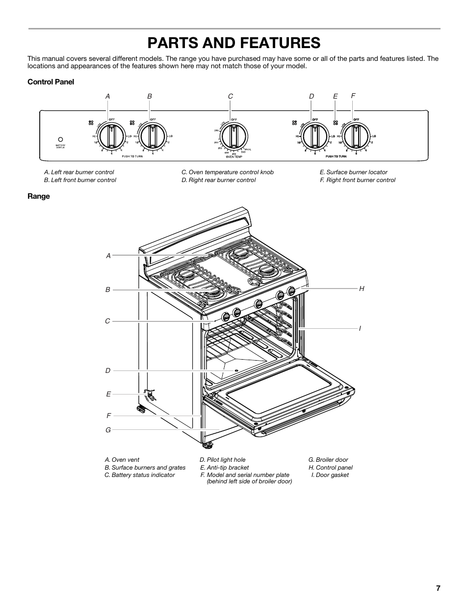 Parts and features | Amana STANDARD CLEANING GAS RANGE W10533015A User Manual | Page 7 / 16