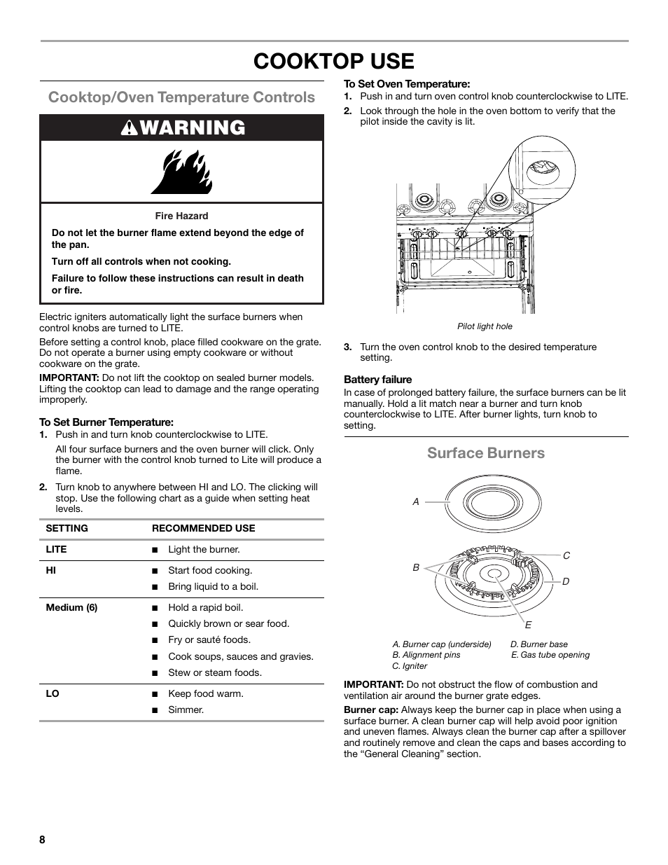 Cooktop use, Warning, Cooktop/oven temperature controls | Surface burners | Amana STANDARD CLEANING GAS RANGE W10533015A User Manual | Page 8 / 16