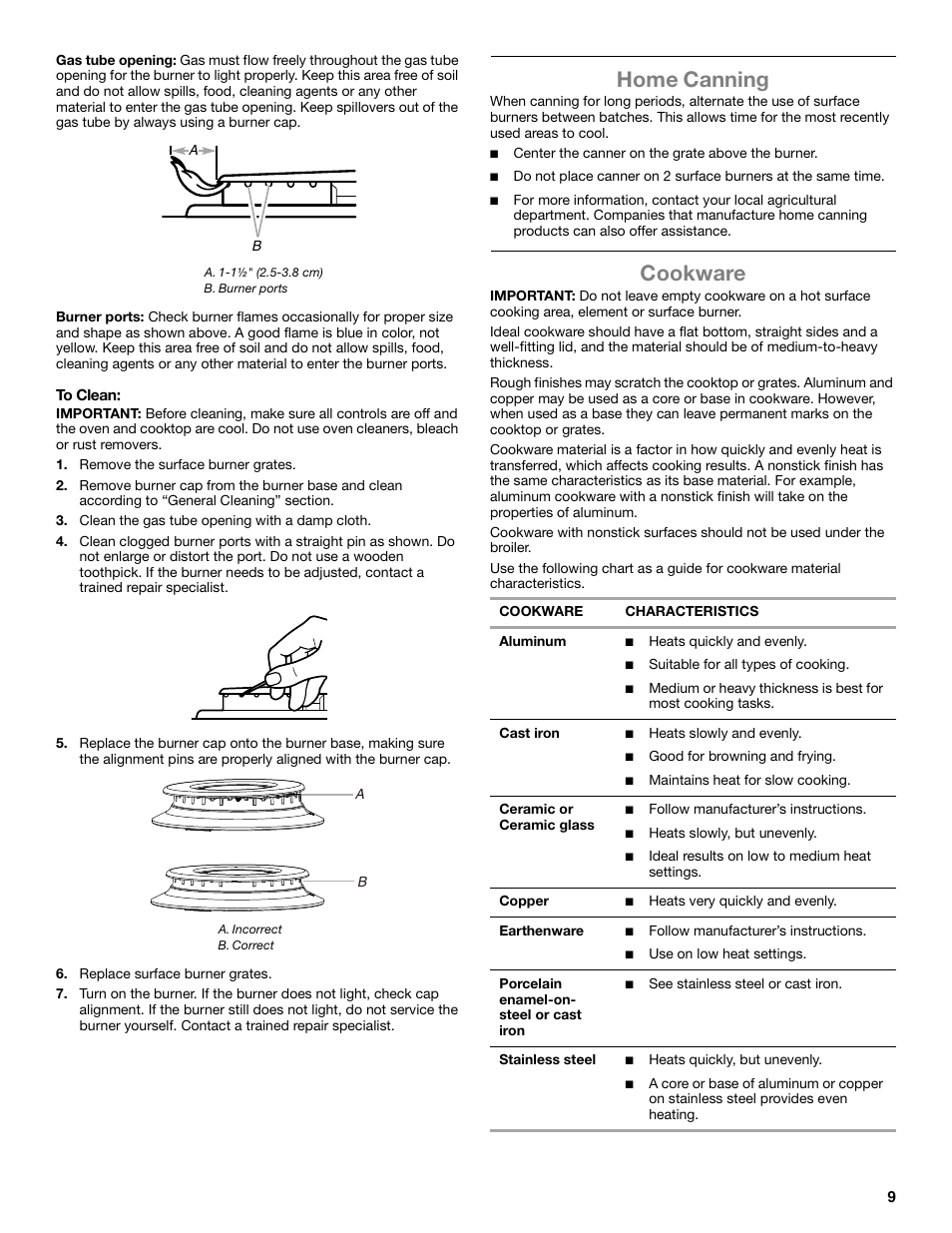 Home canning, Cookware | Amana STANDARD CLEANING GAS RANGE W10533015A User Manual | Page 9 / 16