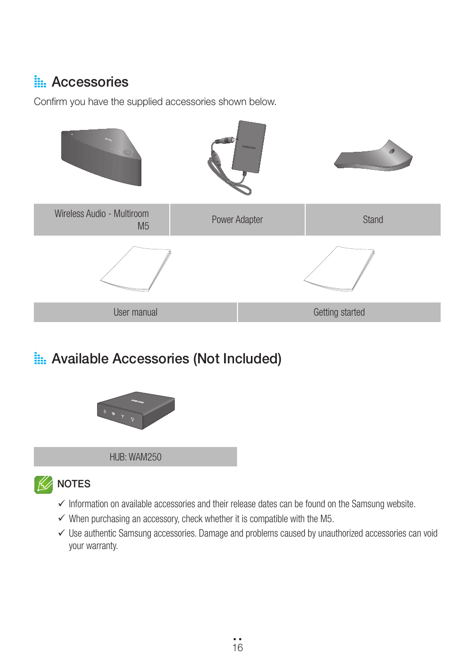 Accessories, Available accessories (not included), Accessories available accessories (not included) | A accessories, A available accessories (not included) | Samsung WAM550-ZA User Manual | Page 16 / 70