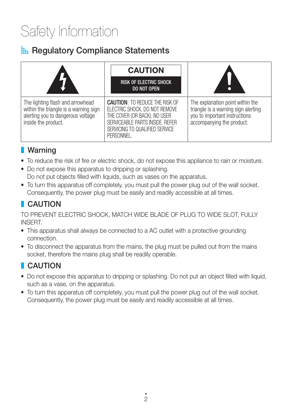 Safety information, Regulatory compliance statements, Warning | Caution, A regulatory compliance statements | Samsung WAM550-ZA User Manual | Page 2 / 70