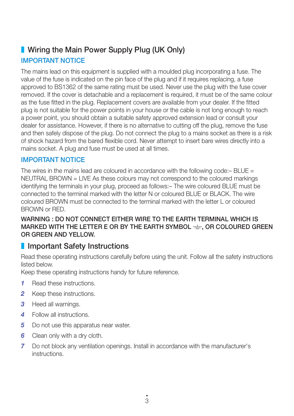 Wiring the main power supply plug (uk only), Important safety instructions | Samsung WAM550-ZA User Manual | Page 3 / 70