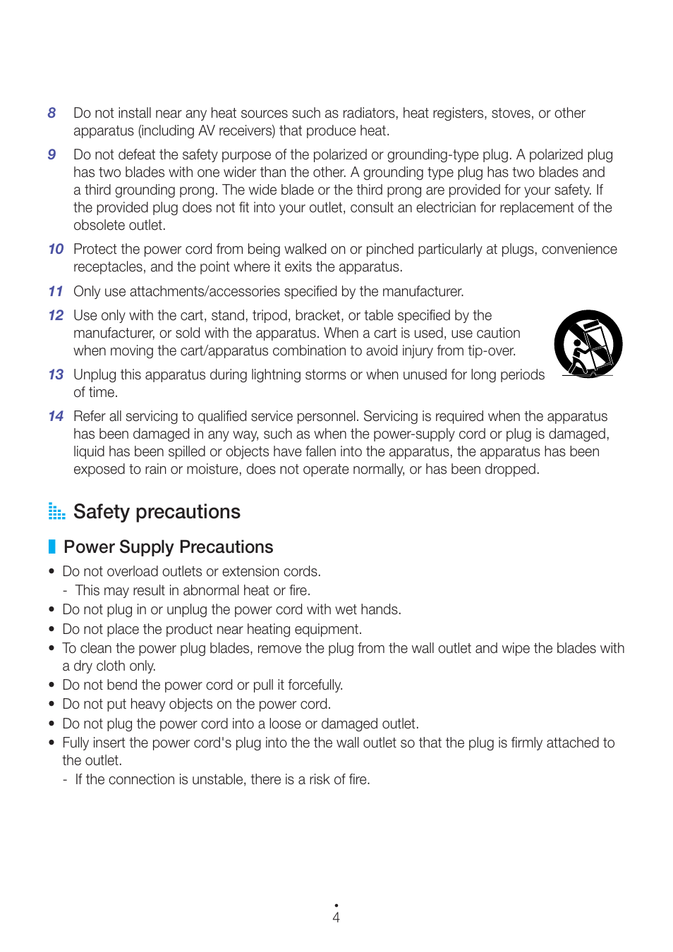 Safety precautions, Power supply precautions, A safety precautions | Samsung WAM550-ZA User Manual | Page 4 / 70