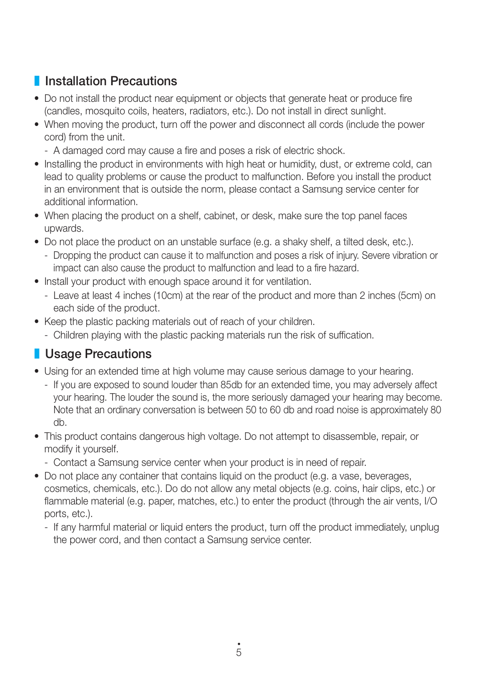 Installation precautions, Usage precautions | Samsung WAM550-ZA User Manual | Page 5 / 70