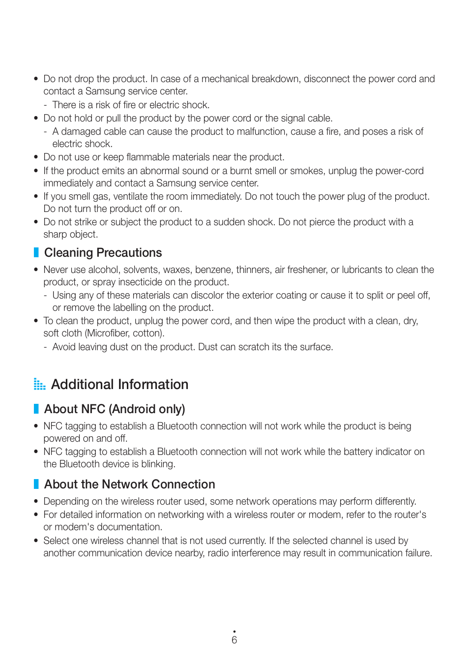 Cleaning precautions, Additional information, About nfc (android only) | About the network connection, A additional information | Samsung WAM550-ZA User Manual | Page 6 / 70