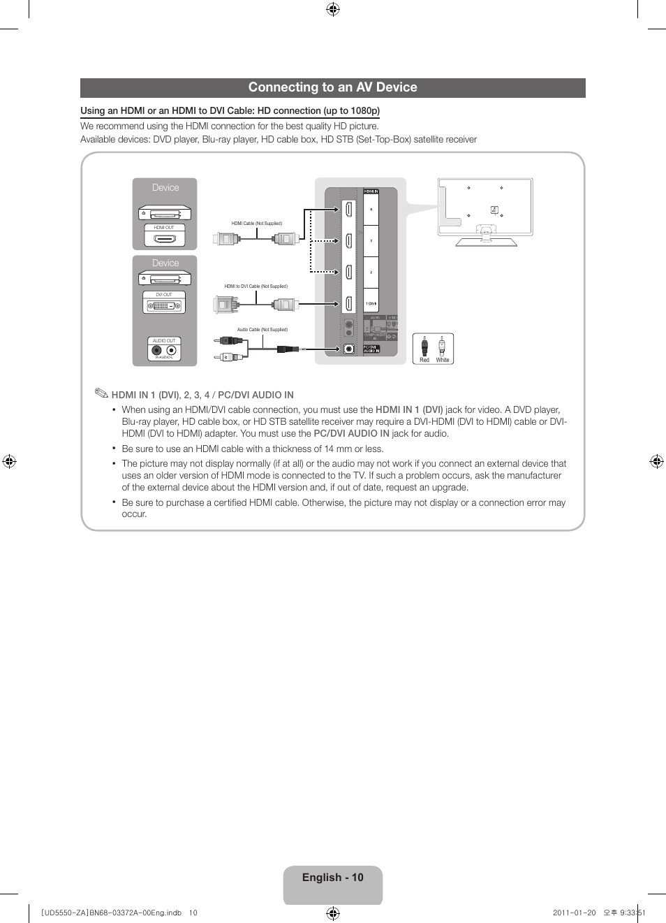 Connecting to an av device | Samsung UN40D5550RFXZA User Manual | Page 10 / 22
