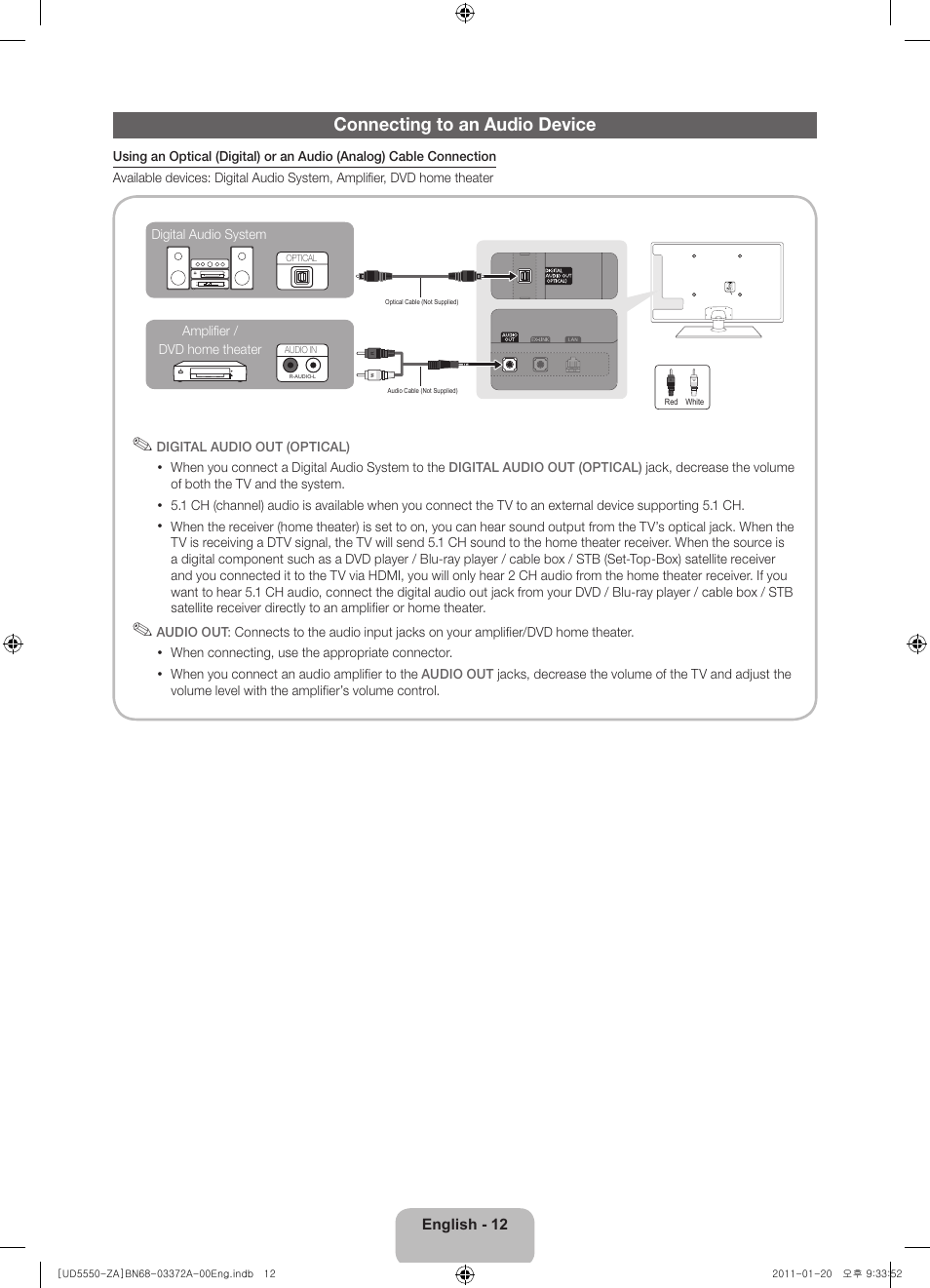 Connecting to an audio device | Samsung UN40D5550RFXZA User Manual | Page 12 / 22