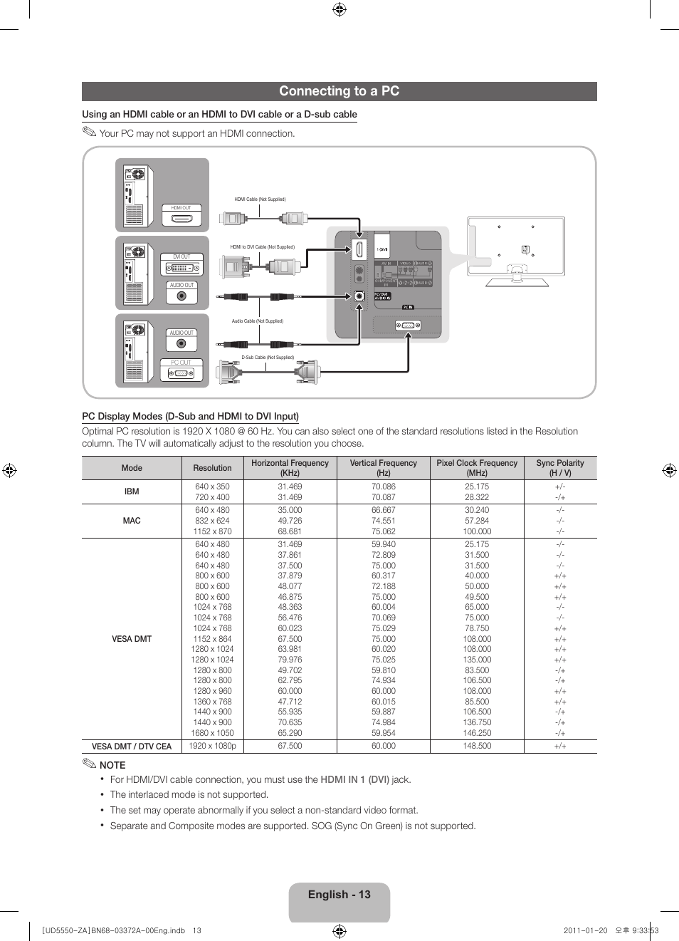 Connecting to a pc | Samsung UN40D5550RFXZA User Manual | Page 13 / 22