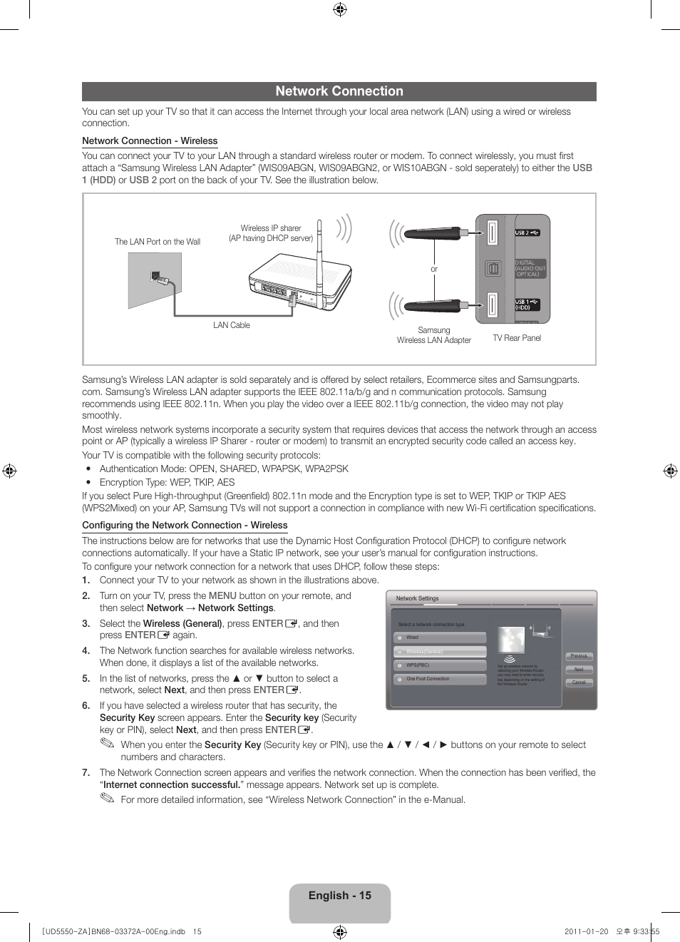 Network connection | Samsung UN40D5550RFXZA User Manual | Page 15 / 22