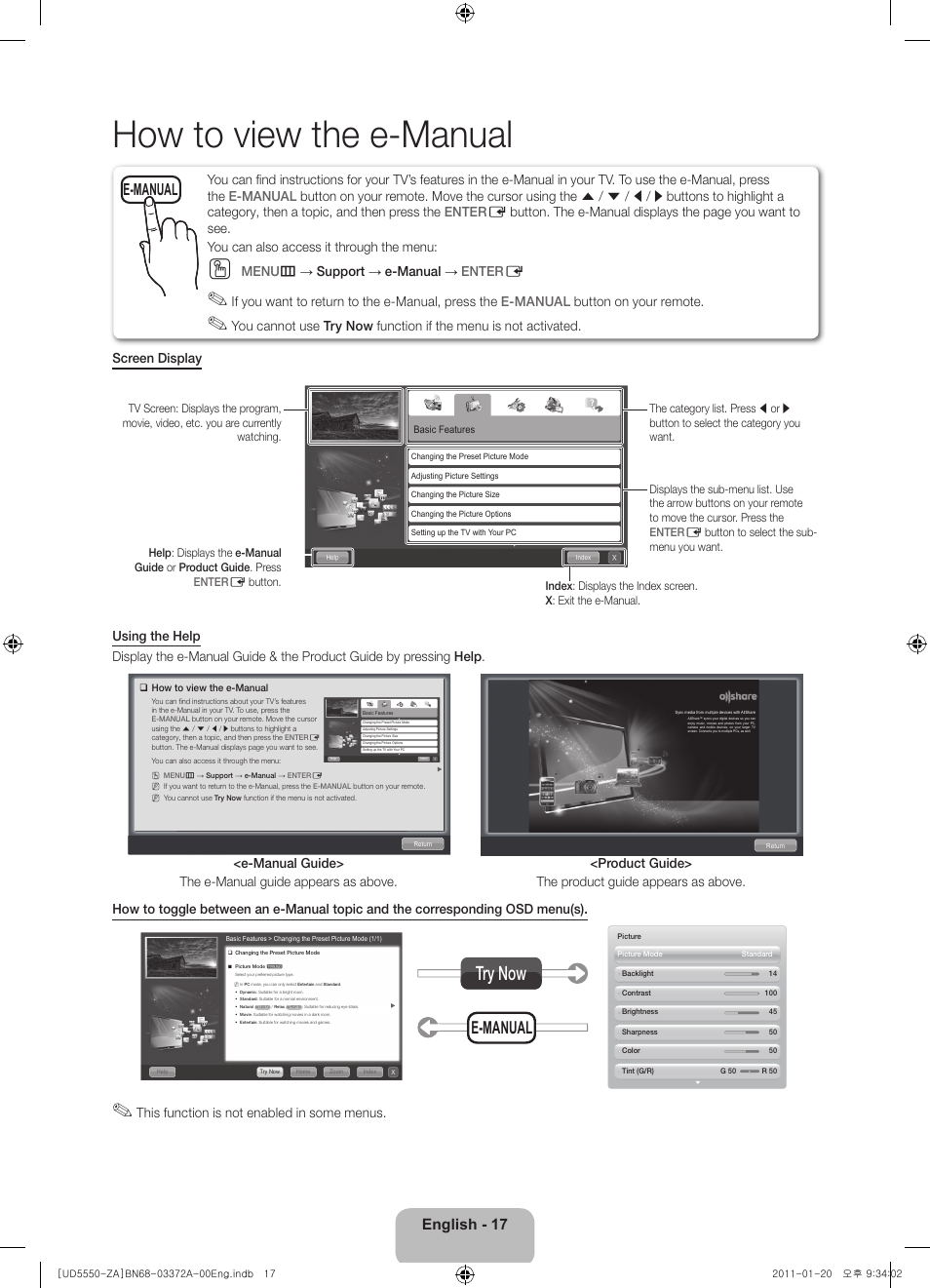 How to view the e-manual, Try now, E-manual | English - 17, Menu m → support → e-manual → enter e | Samsung UN40D5550RFXZA User Manual | Page 17 / 22