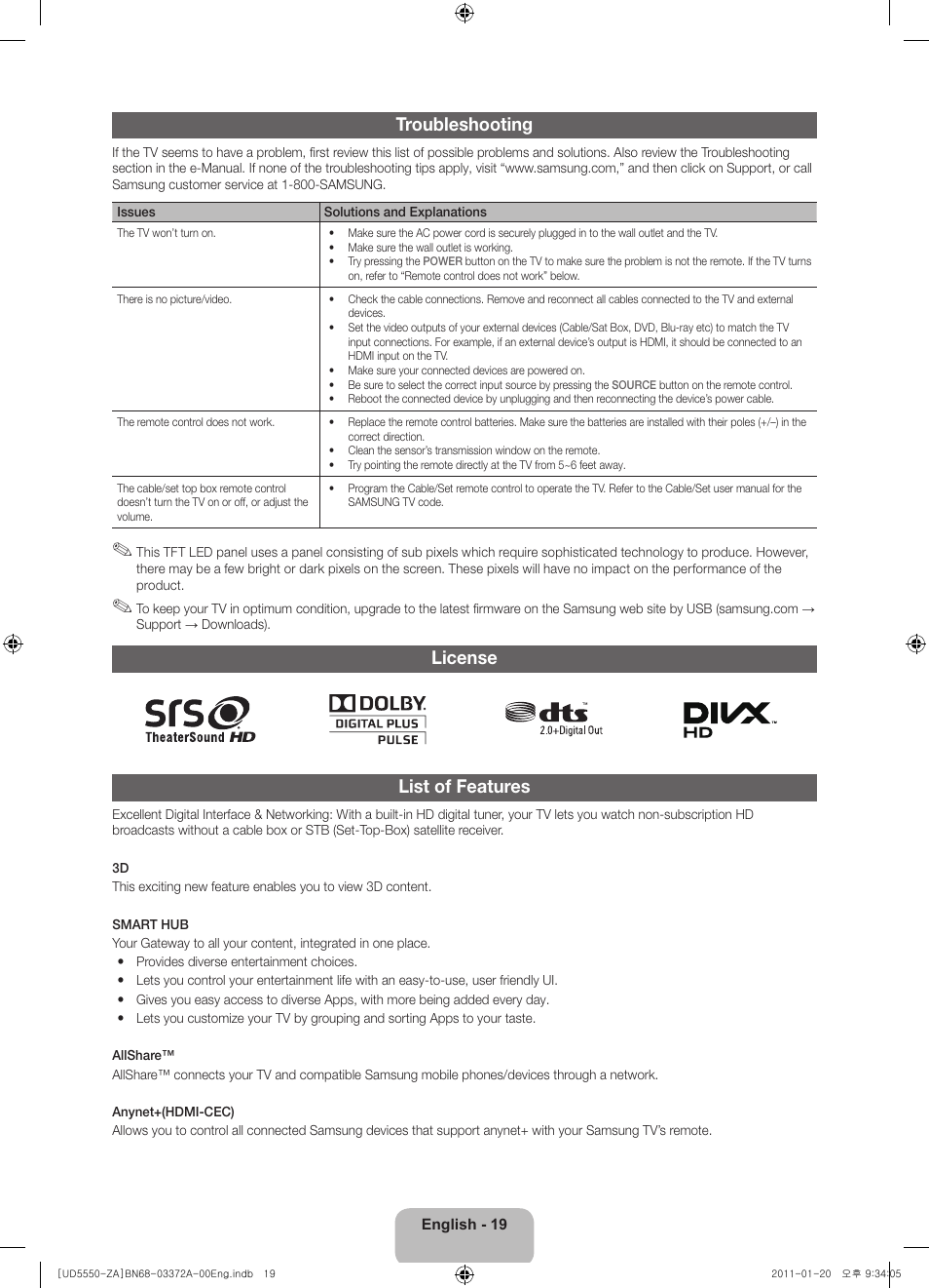 Troubleshooting, License list of features | Samsung UN40D5550RFXZA User Manual | Page 19 / 22