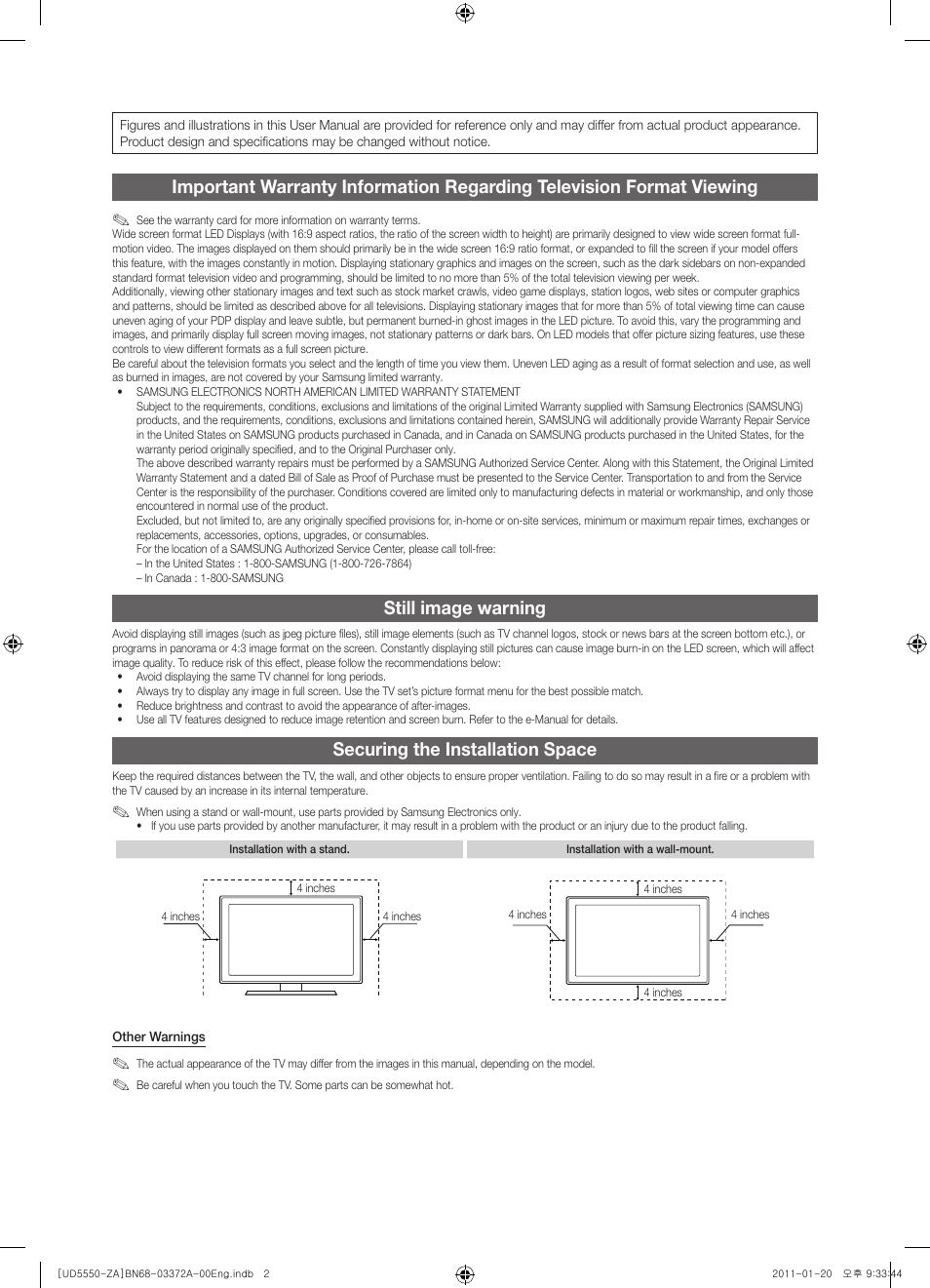 Still image warning, Securing the installation space | Samsung UN40D5550RFXZA User Manual | Page 2 / 22