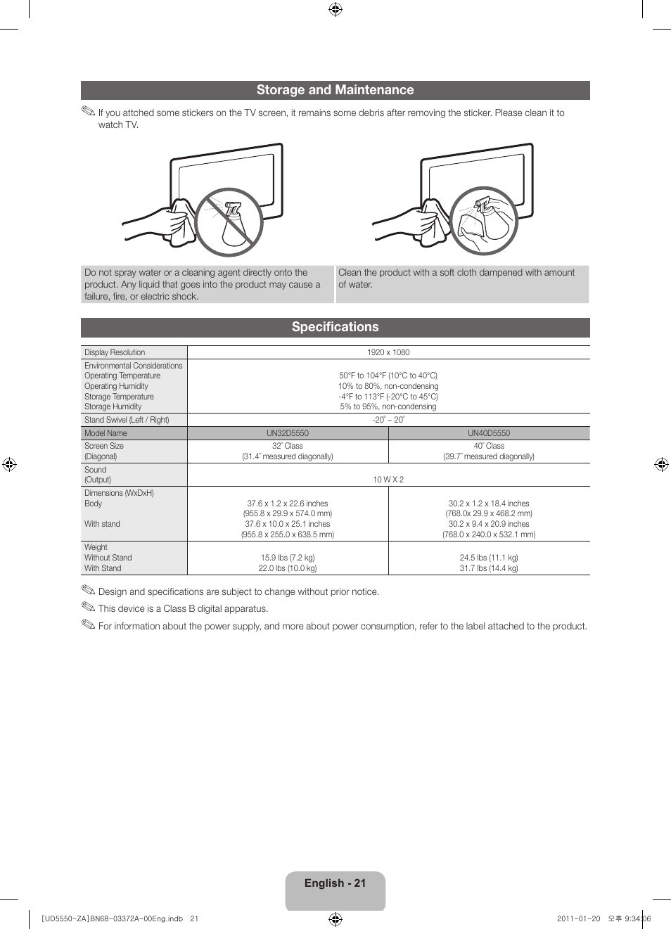 Storage and maintenance, Specifications | Samsung UN40D5550RFXZA User Manual | Page 21 / 22