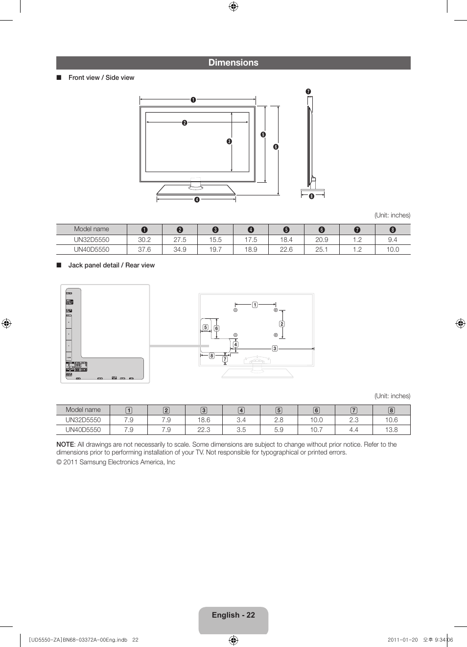 Dimensions | Samsung UN40D5550RFXZA User Manual | Page 22 / 22