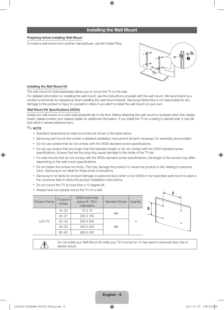 Installing the wall mount | Samsung UN40D5550RFXZA User Manual | Page 6 / 22