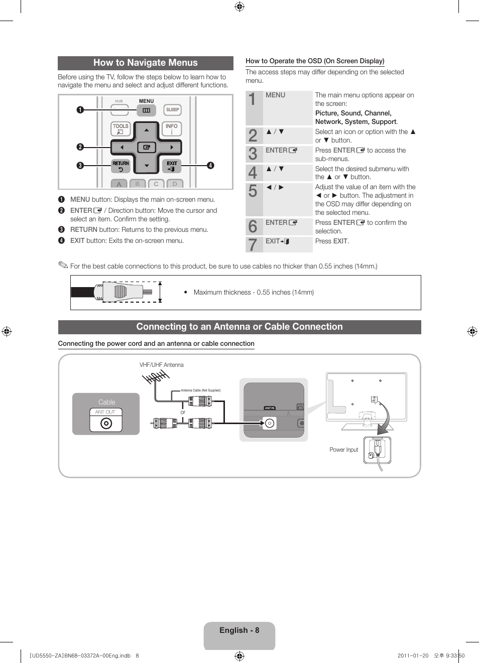 How to navigate menus, Connecting to an antenna or cable connection | Samsung UN40D5550RFXZA User Manual | Page 8 / 22
