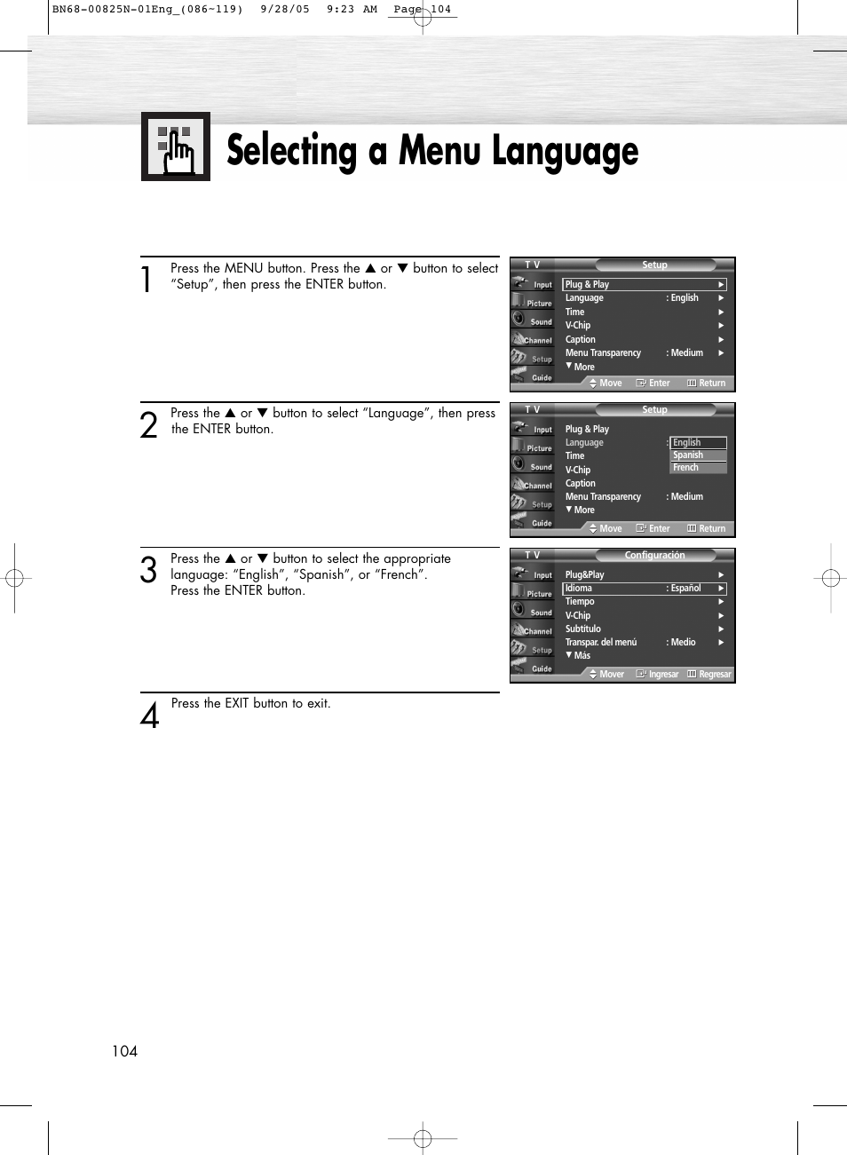 Function description, Selecting a menu language | Samsung HPR6372X-XAA User Manual | Page 104 / 148