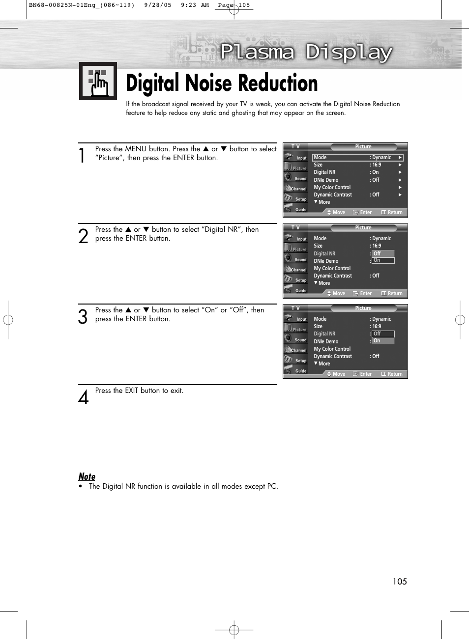 Digital noise reduction | Samsung HPR6372X-XAA User Manual | Page 105 / 148