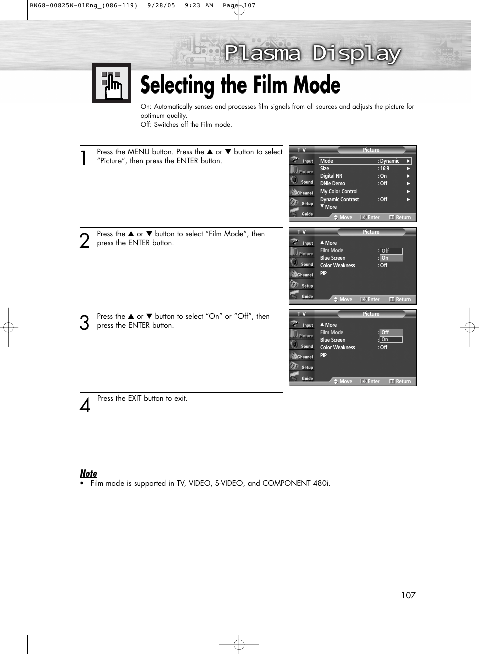 Selecting the film mode | Samsung HPR6372X-XAA User Manual | Page 107 / 148