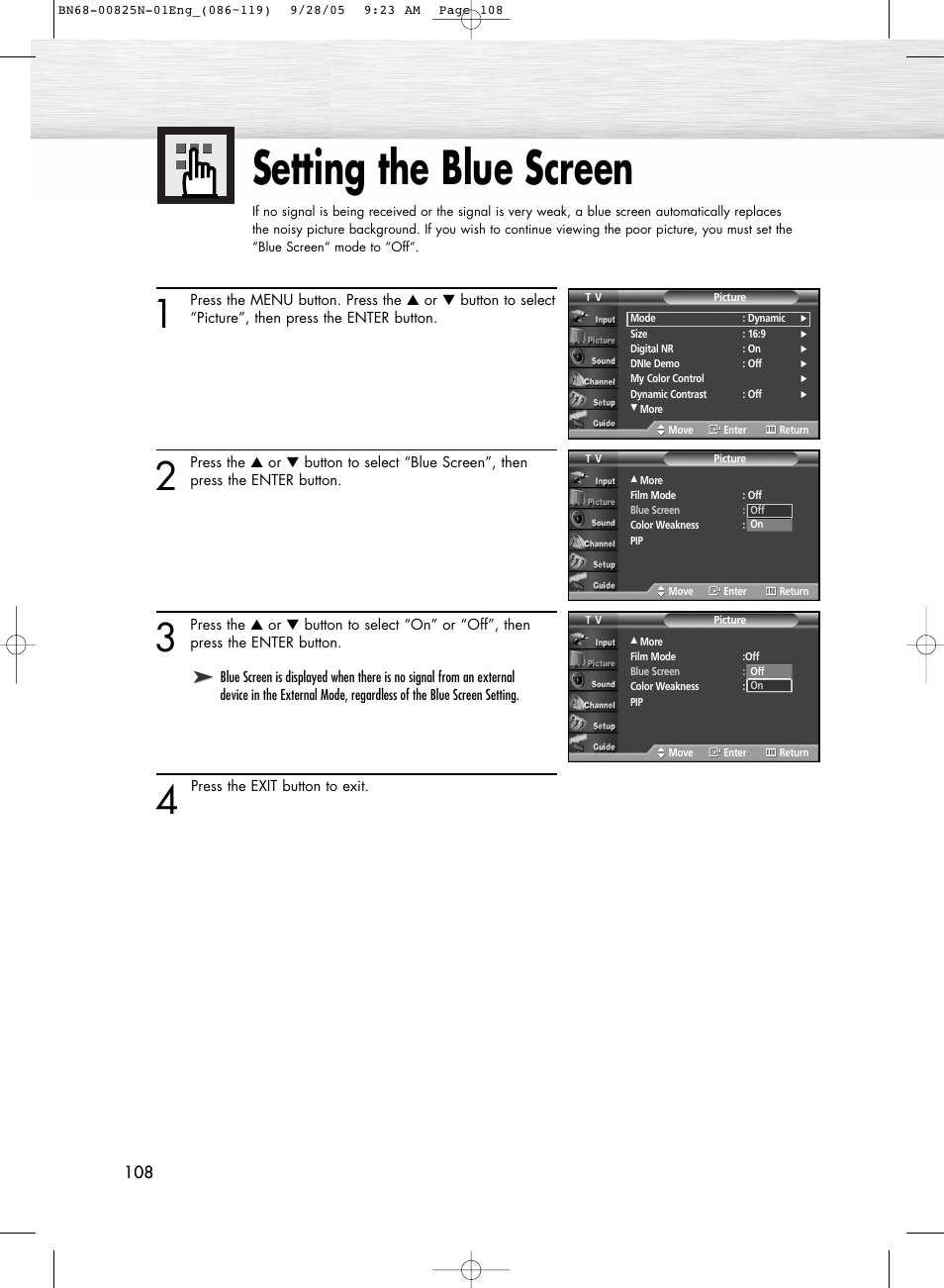 Setting the blue screen | Samsung HPR6372X-XAA User Manual | Page 108 / 148