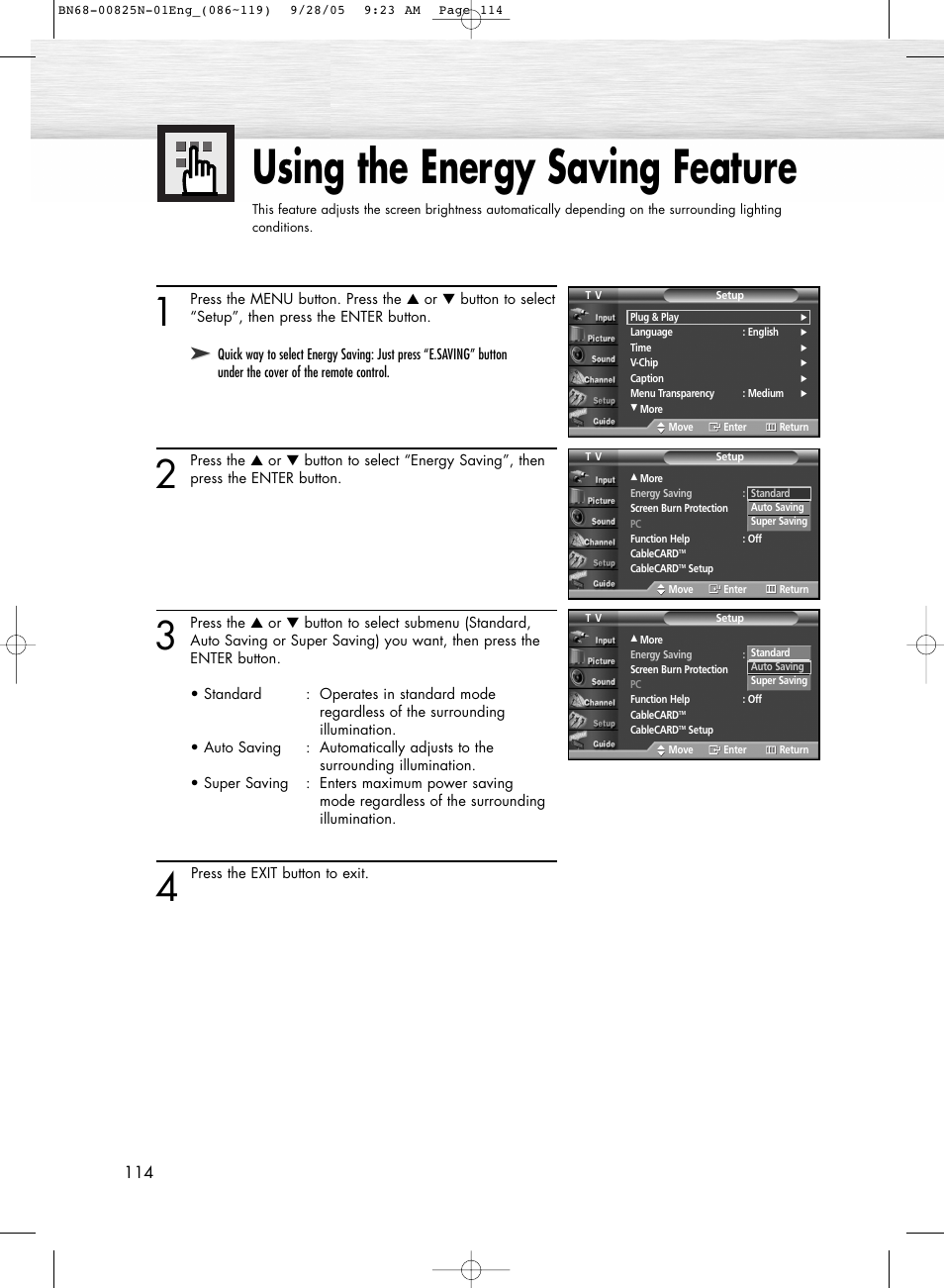 Using the energy saving feature | Samsung HPR6372X-XAA User Manual | Page 114 / 148