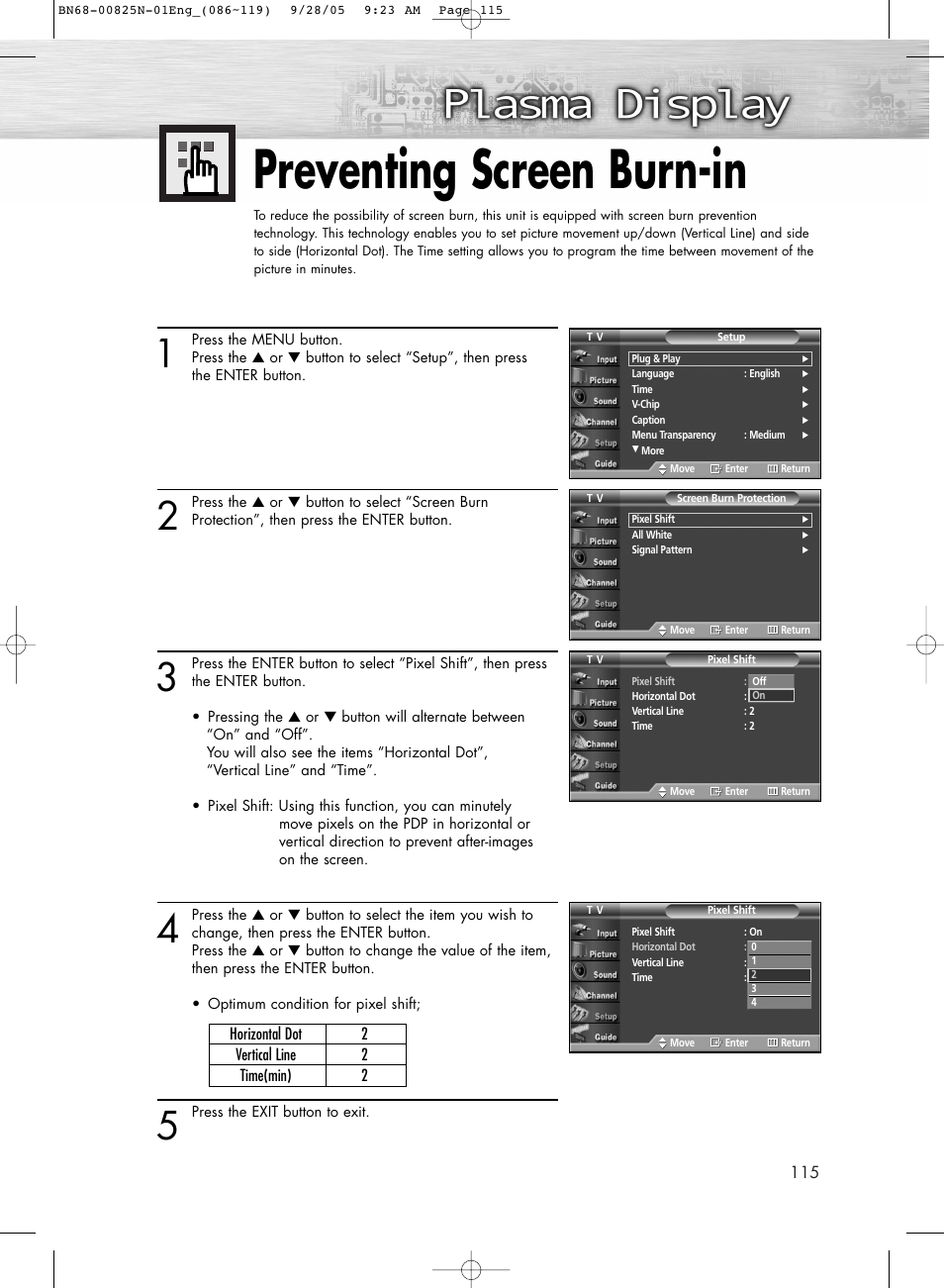 Preventing screen burn-in | Samsung HPR6372X-XAA User Manual | Page 115 / 148