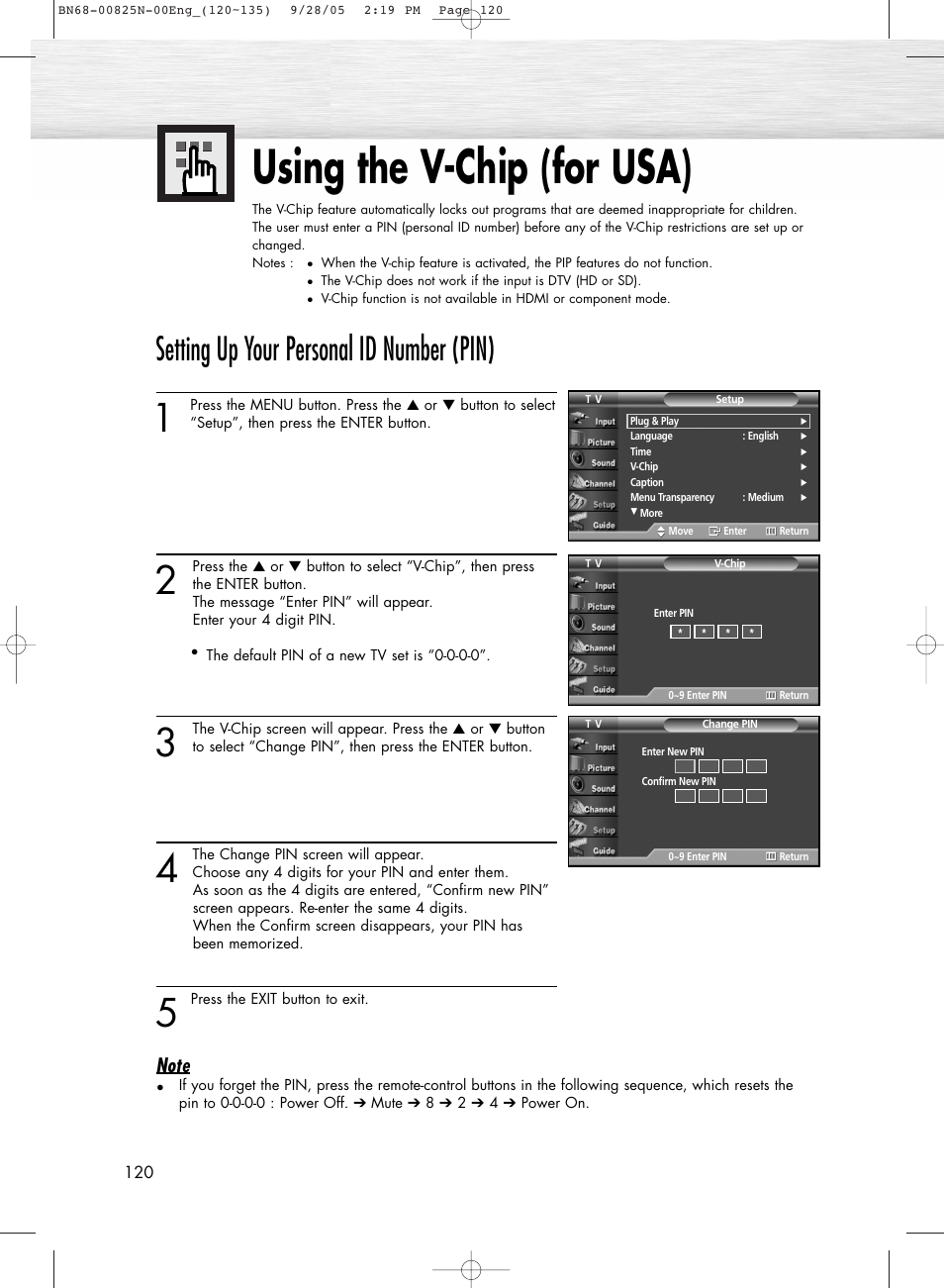 Using the v-chip(for usa), Using the v-chip (for usa), Setting up your personal id number (pin) | Samsung HPR6372X-XAA User Manual | Page 120 / 148