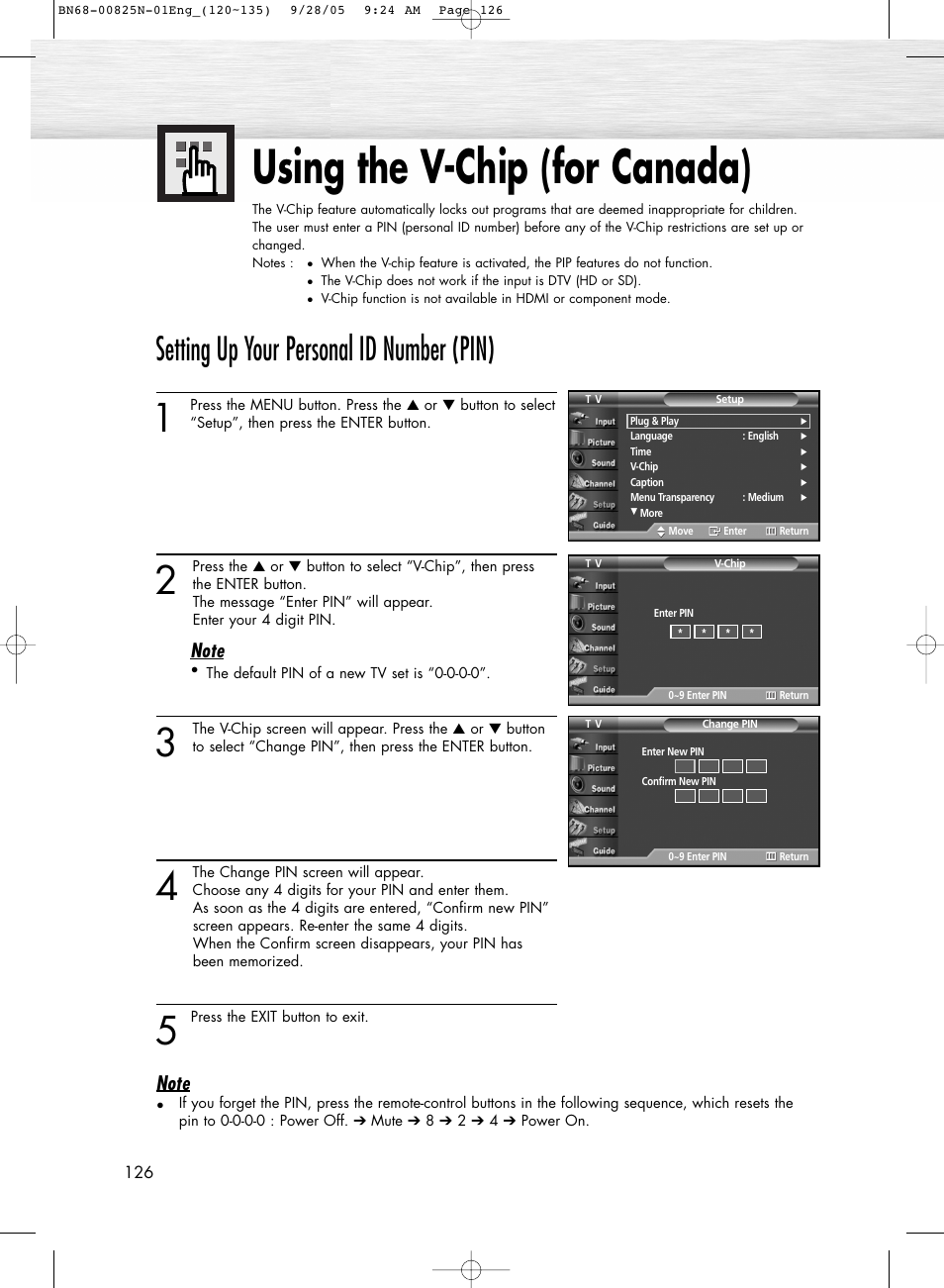 Using the v-chip(for canada), Using the v-chip (for canada), Setting up your personal id number (pin) | Samsung HPR6372X-XAA User Manual | Page 126 / 148