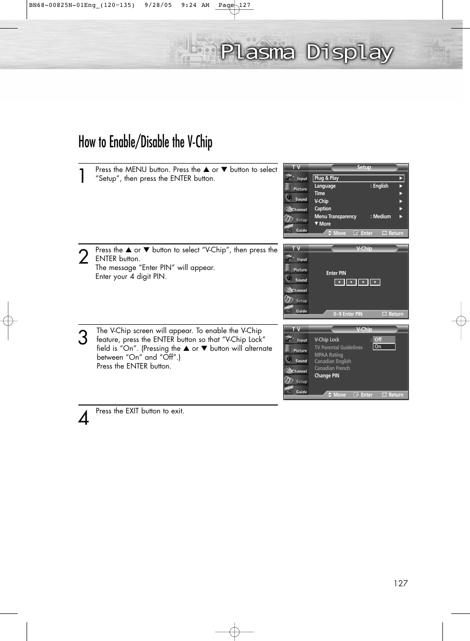 How to enable/disable the v-chip | Samsung HPR6372X-XAA User Manual | Page 127 / 148