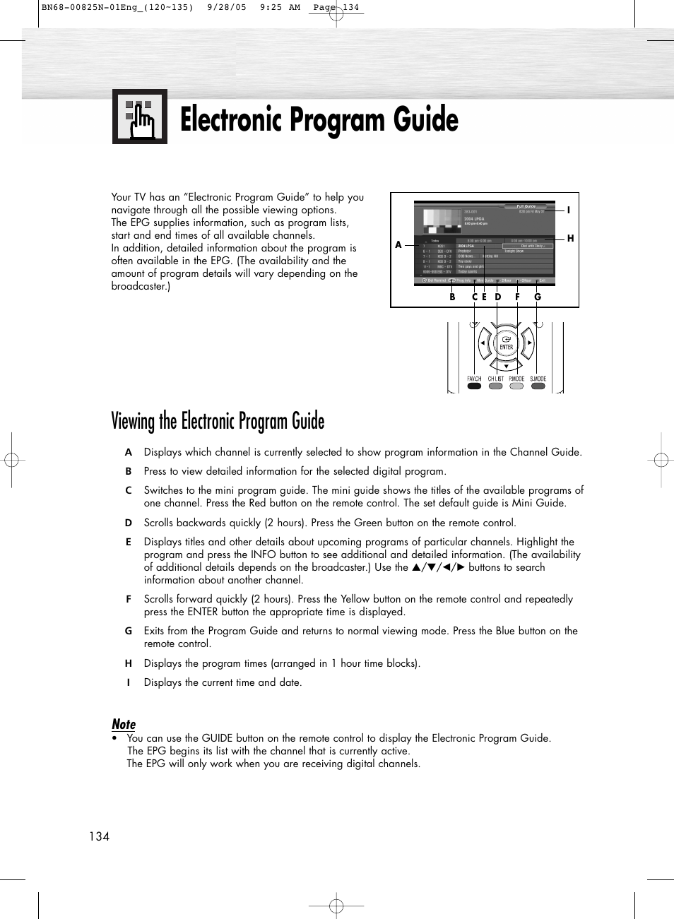 Electronic program guide, Viewing the electronic program guide | Samsung HPR6372X-XAA User Manual | Page 134 / 148