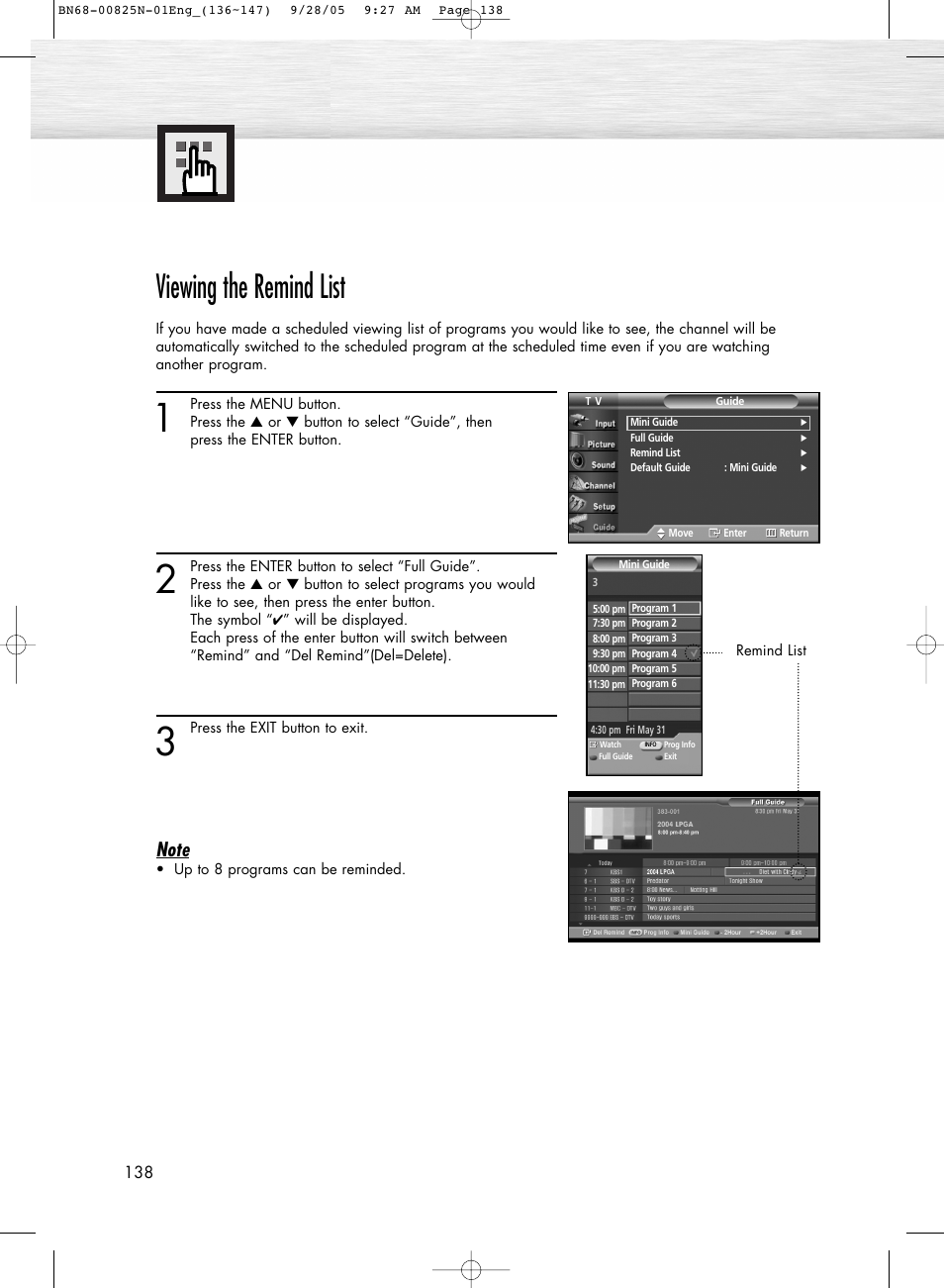 Remind list, Viewing the remind list | Samsung HPR6372X-XAA User Manual | Page 138 / 148