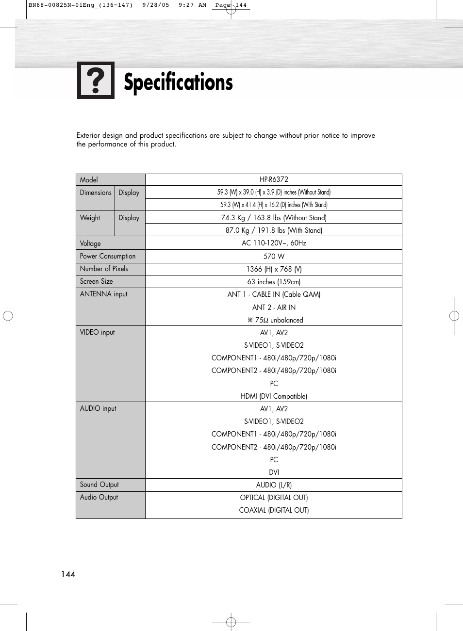 Specifications | Samsung HPR6372X-XAA User Manual | Page 144 / 148