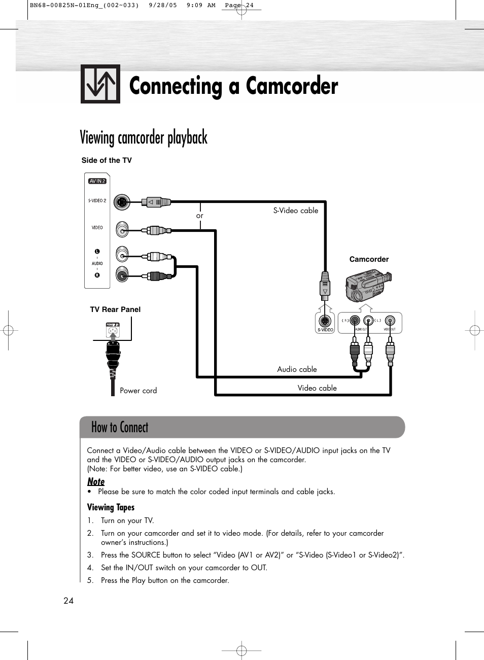 Connecting a camcorder, Viewing camcorder playback, How to connect | Samsung HPR6372X-XAA User Manual | Page 24 / 148
