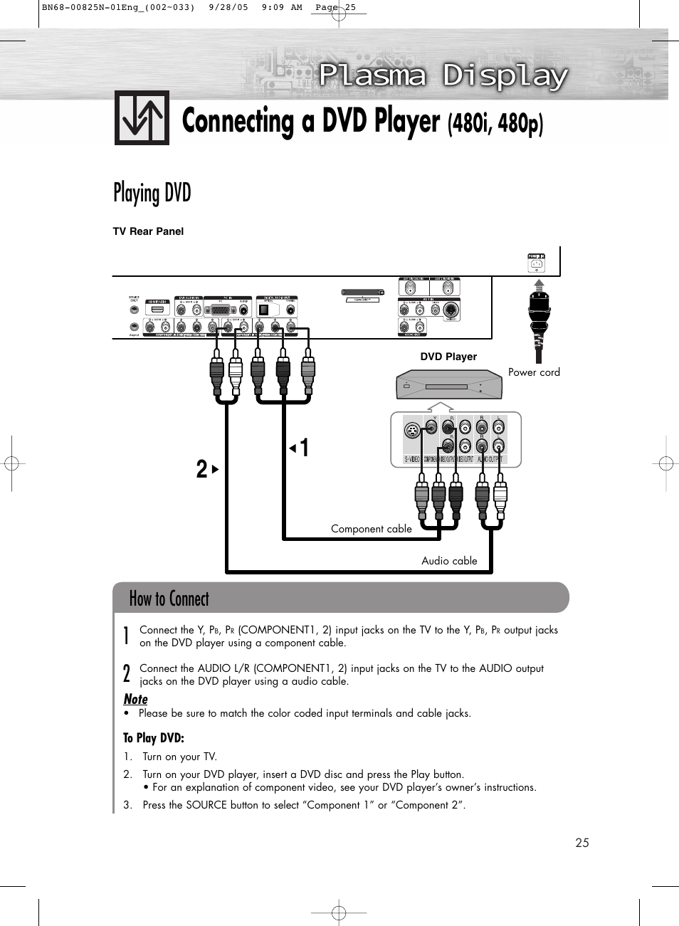 Connecting a dvd player(480i, 480p), Connecting a dvd player, Playing dvd | How to connect | Samsung HPR6372X-XAA User Manual | Page 25 / 148
